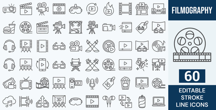 Filmography Line Icon Set. 60 Editable Stroke Icons of Cinema, Movie Production, Filmmaking, Video Editing, Entertainment, Theater, and Media Symbols. Vector Graphic.