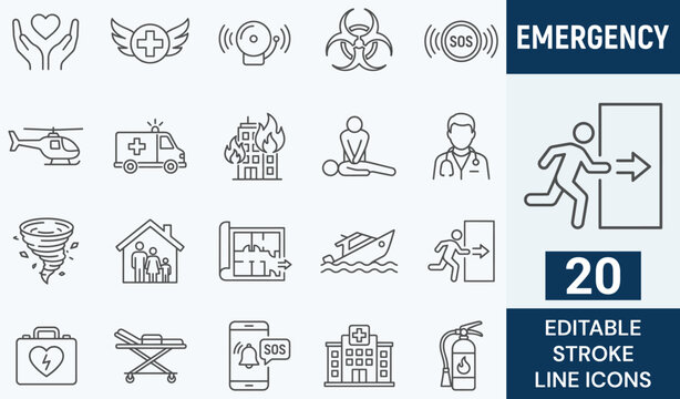 Emergency Line Icon Set. 20 Editable Stroke Icons of Urgent Medical Rescue, Disaster Response, Safety Evacuation, First Aid Kit, Ambulance, and Alarm Symbols. Vector Graphic.