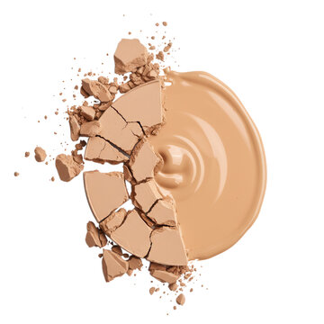 Crushed makeup powder and liquid foundation isolated on transparent background