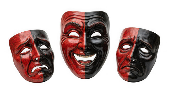 Three theatrical masks with red and black cracked texture representing comedy and tragedy isolated on transparent background