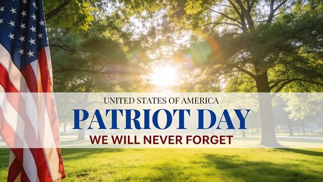 American flag waving gently against a serene sunlit park background during Patriot Day to honor those lost in the historic national tragedy we remember today
