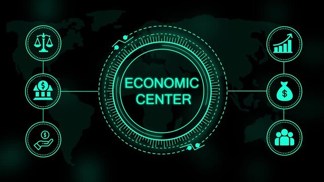 Economic center digital dashboard featuring glowing cyan financial and a map background for global market analysis and trade monitoring