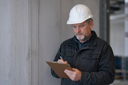 Male inspector writing on a clipboard next to a concrete wall. Professional engineer in hard hat and safety glasses conducting a safety audit at a construction site
