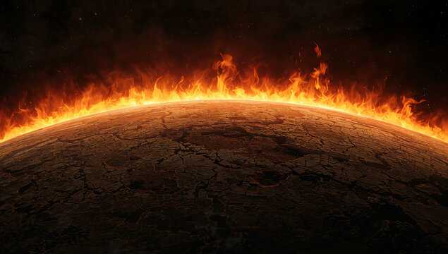 A desolate, cracked planet engulfed in a fiery atmosphere under a starry sky