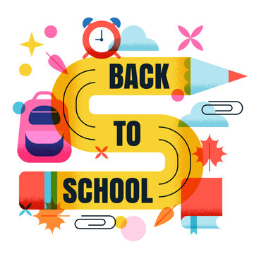 Vector back to school banner. Abstract education poster design with long winding pencil, schoolbag, alarm clock, book