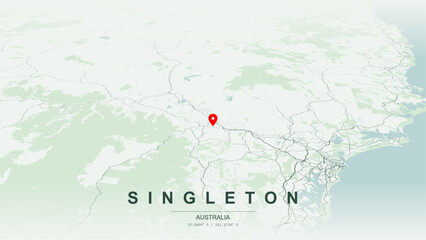 Modern minimalist vector map of Singleton, New South Wales. High-quality scalable illustration of Singleton geographic boundaries along Hunter River contours for posters design. © AliRza