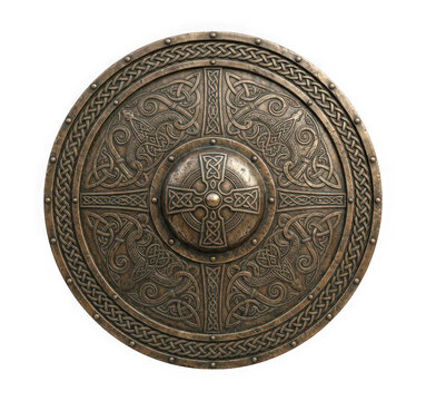 Ancient round bronze shield with intricate celtic knotwork isolated on transparent background