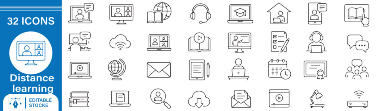 32 Distance Learning Outline Icons Set &ndash; Online Education, Remote Learning, Virtual Classroom and E-Learning Vector Line Icons Collection