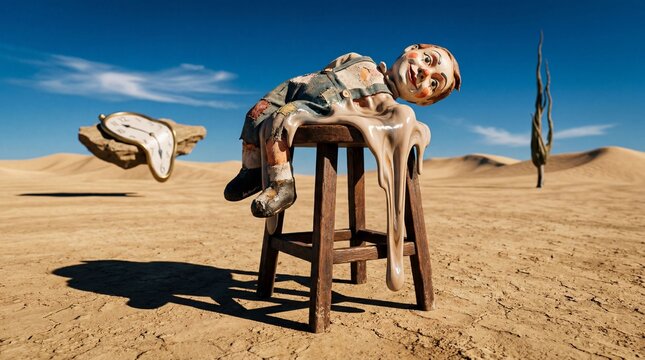 Surreal scene of a doll on a stool with melting clock and barren land