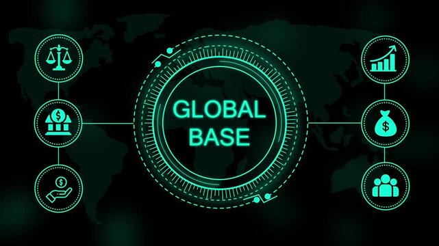 Global base text displayed inside a glowing circular digital interface with of scales bank building money bag and growth chart on dark background
