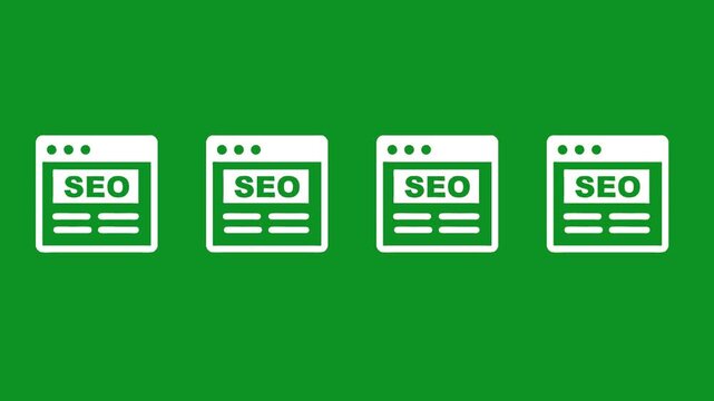 Search engine optimization animation with scaling and appearing website icons on green screen chroma key background.