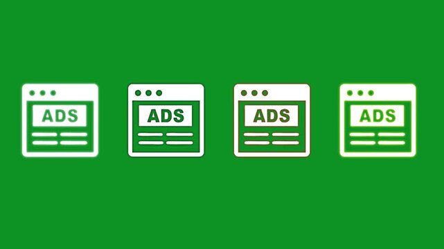 Animated advertisement icons web browser interface sequence on green screen background.