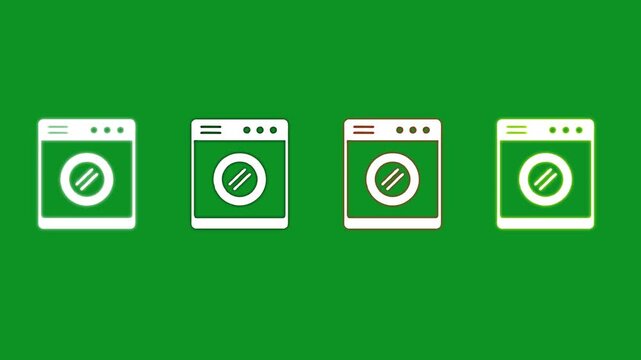 Animation of four identical washing machines appearing on a green background screen.
