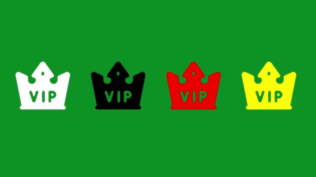 Animated crown icons with vip text appearing in row on green screen background for video production.