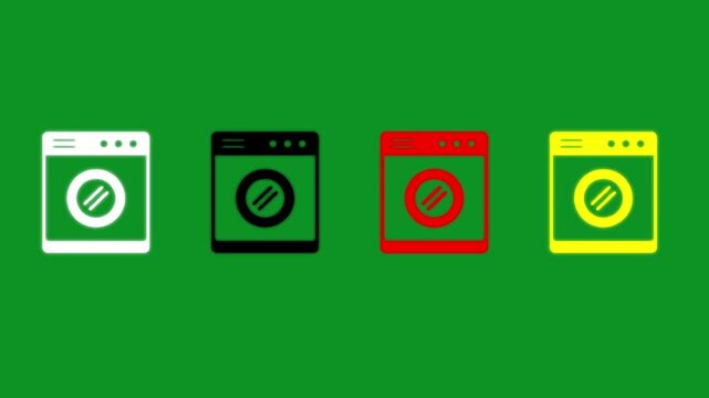 Animated washing machine icons in multiple colors on green screen background with motion graphics elements.