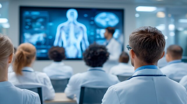Rear View of Doctors and Medical Students Attending Presentation on Digital Healthcare in Conference Room, Concept of Medical Education, Digital Diagnostics, and HealthTech Innovation