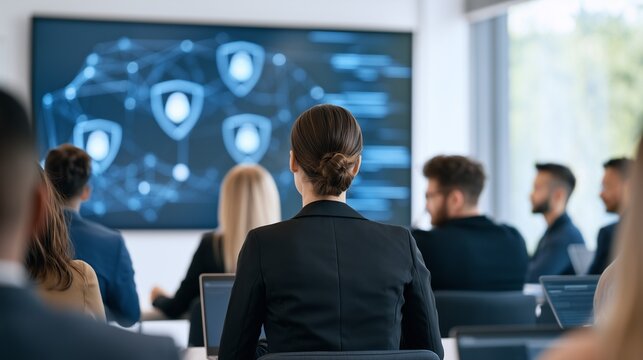 Business Woman and Professionals Attending Corporate Cybersecurity Seminar with Glowing Shield and Network Screen in Background, Concept of Data Protection, Network Security, Information Privacy