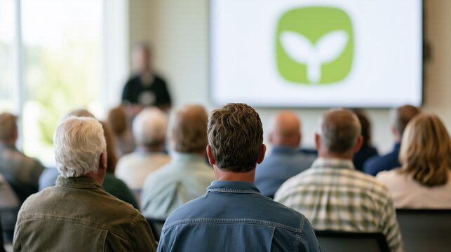 People Attending Seminar on Sustainable Business and Agritech with Green Sprout Icon Displayed on Screen in Background, Concept of ESG Strategy, Eco Investments, Sustainability, and Green Transition.