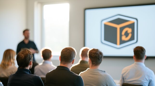 Professionals Attending Corporate Logistics Seminar with Box and Refresh Arrow Icon Displayed on Screen in Background, Concept of Supply Chain Management, Reverse Logistics, Package Tracking