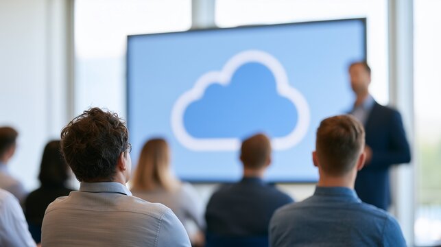 Rear View of Audience Attending IT Business Conference on Cloud Computing Infrastructure in Modern Office Seminar Room