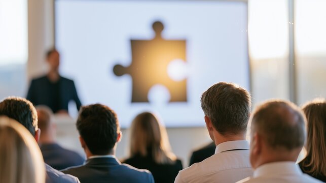 Business Professionals Attending Management Seminar with Large Puzzle Piece Icon Displayed on Screen in Background, Concept of Problem Solving, Corporate Strategy, Business Synergy