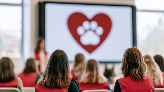 Volunteers in Matching Red Vests Attending Seminar on Animal Welfare with Red Heart and Paw Icon Screen in Background, Concept of Volunteer Training, Pet Adoption, Animal Rescue, and Charity Work