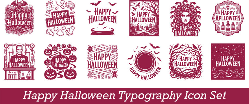Vintage dark red Happy Halloween typography badge and emblem vector graphic design icon set featuring Frankenstein Medusa mummies graveyards and carved pumpkins