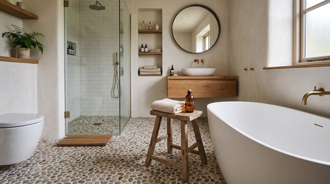 Zen spa bathroom interior with natural pebble flooring, white freestanding tub and light wood vanity