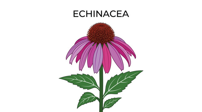 Vibrant purple echinacea flower vector illustration featuring detailed green leaves and central brown prickly cone