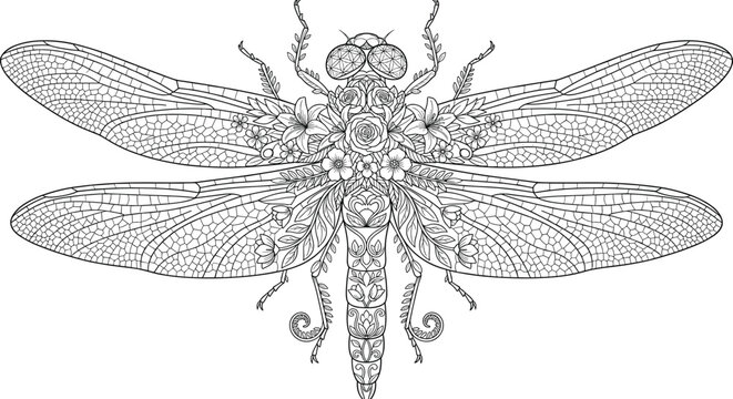 Ornamental Dragonfly Line Art Vector Illustration with Floral Pattern for Coloring Book Design