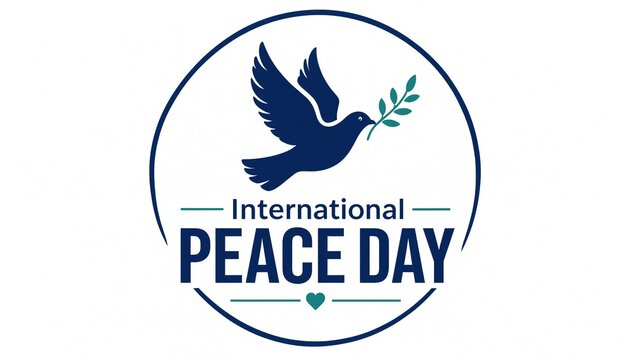 International peace day logo design featuring a flying dove holding an olive branch in a circular frame