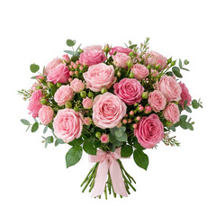 Fototapeta premium Beautiful bouquet of pink roses with green leaves and a pink ribbon isolated on transparent background