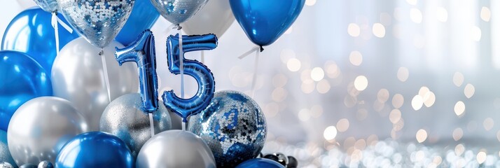 Obraz premium Elegant quinceanera celebration with blue and white balloons and festive decor for 15th birthday. Horizontal banner. Copy space. Free space for text