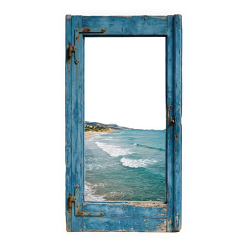 Old rustic blue wooden window frame looking out at a beautiful ocean beach isolated on transparent background