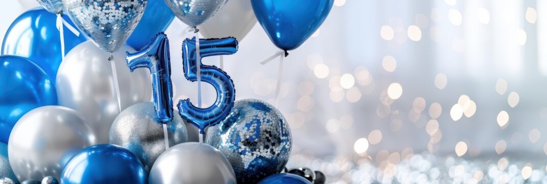 Elegant quinceanera celebration with blue and white balloons and festive decor for 15th birthday. Horizontal banner. Copy space. Free space for text