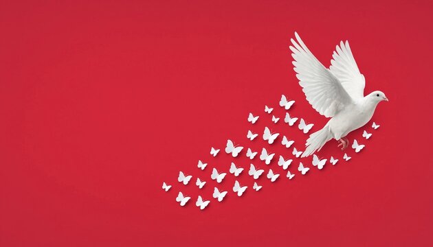 White dove flying with a trail of butterflies on a red background for international peace day celebration