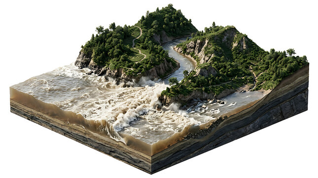 Isolated 3D isometric cutaway model of a mountain river landscape