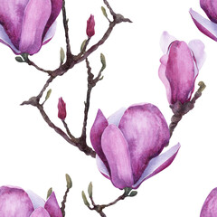 Seamless watercolor pattern with pink and lilac magnolia buds on graceful branches, arranged in a soft botanical repeat for fabric, wrapping paper and surface design. © _Julia_red