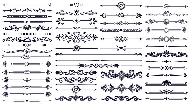 Collection of decorative romantic dividers with hearts and floral scrolls for design work.