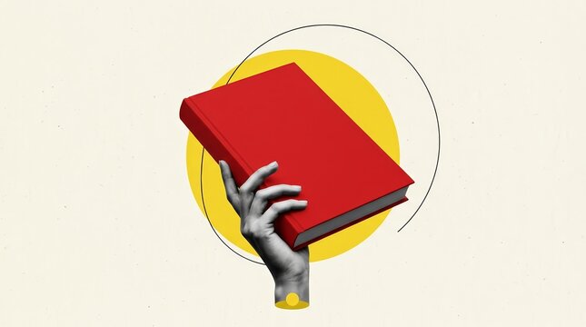 Student reading hobby concept featuring a hand holding a novel in a creative 3D composite sketch style.