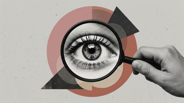 Investigation concept collage with a hand holding a magnifier lens focused on an eyeball.