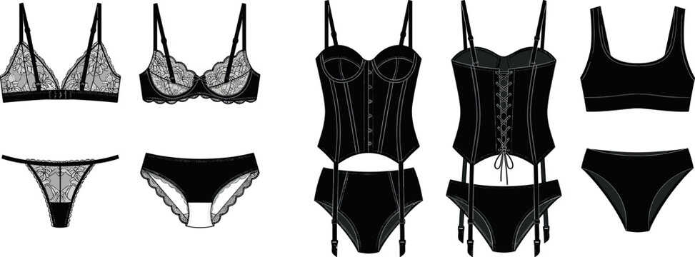 Women lingerie collection fashion flat vector sketch template including bras panties and lace corset
