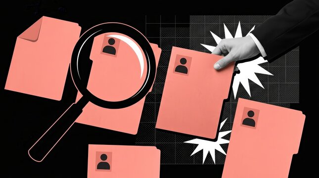 Searching for employment with a magnifier and candidate profile folders.