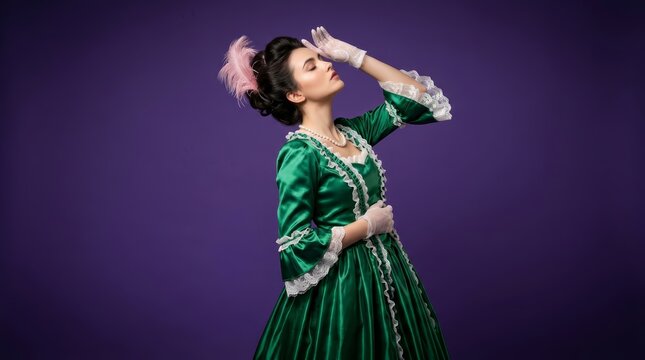Beautiful woman wearing a green vintage gown and pearls on a purple background.