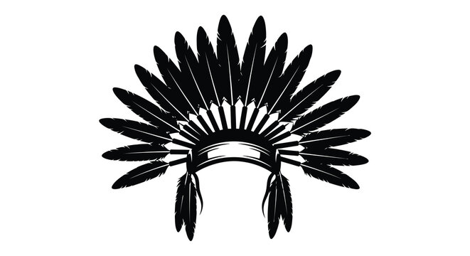 A simple black and white vector illustration of a traditional native american feather headdress isolated on a white background