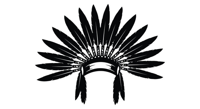 A black and white graphic illustration of a traditional native american feather headdress isolated on a plain white background