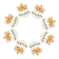 Fototapeta premium Autumn pumpkin frame in watercolor style. Round border made of autumn pumpkins decorated with flowers. Pumpkins are arranged in a circle. Vector flat isolated on white background. 