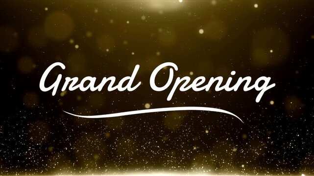 Elegant gold particles shimmering behind grand opening text banner for luxurious event promotion motion graphics