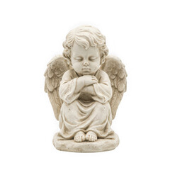Fototapeta premium Small stone angel statue with closed eyes and folded hands isolated on transparent background