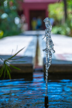 Water flows from a fountain in the Secret Garden located in Marrakesh, Morocco. People stroll along pathways surrounded by greenery and colorful plants.